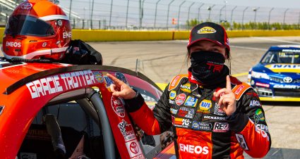 Gracie Trotter, driver of the No. 99 ENEOS Toyota, celebrates winning the General Tire 150 for the ARCA Menards Series West at the Bullring at Las Vegas Motor Speedway in Las Vegas, Nevada, on Sept. 26, 2020. (Miranda Alam/ARCA Racing)