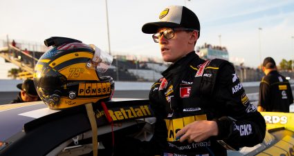 Parker Retzlaff climbs into his car before the Skip's Western Outfitters 175 for the ARCA Menards Series East at Florida's New Smyrna Speedway on Feb. 10, 2020. (Matt Stamey/ARCA Racing)