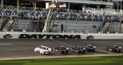 Cars in action during the ARCA Menards Series test at Daytona International Speedway in Daytona Beach, Florida, on Jan. 15, 2021 (Kate Gardiner/ARCA Racing)