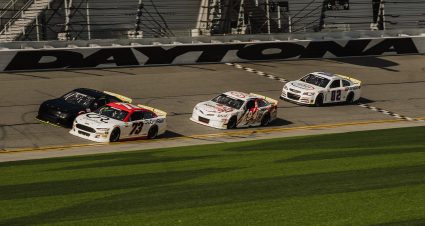 Cars in action during the ARCA Menards Series test at Daytona International Speedway in Daytona Beach, Florida, on Jan. 15, 2021 (Kate Gardiner/ARCA Racing)