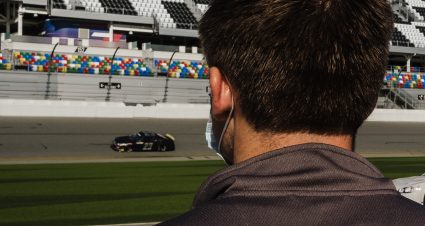 Bret Holmes watches teammate Sam Mayer drive the No. 23 Bret Holmes Racing Chevrolet during the ARCA Menards Series test at Daytona International Speedway in Daytona Beach, Florida, on Jan. 16, 2021. (Kate Gardiner/ARCA Racing)