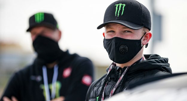 Ty Gibbs, driver of the No. 18 Monster Energy Toyota, pictured before the Speediatrics 150 for the ARCA Menards Series at Kansas Speedway on Oct. 16, 2020. (Barry Cantrell/ARCA Racing)