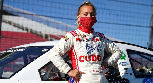 Brittney Zamora pictured before the ENEOS 125 presented by NAPA Auto Parts as part of the ARCA Menards Series West at Irwindale Speedway in Irwindale, California, on July 4, 2020.