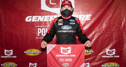 Taylor Gray, driver of the No. 17 Ford Performance Ford, celebrates winning the General Tire pole for the Jeep Beach 175 for the ARCA Menards Series East at New Smyrna Speedway in New Smyrna Beach, Florida, on Feb. 8, 2021. (Adam Glanzman/NASCAR)
