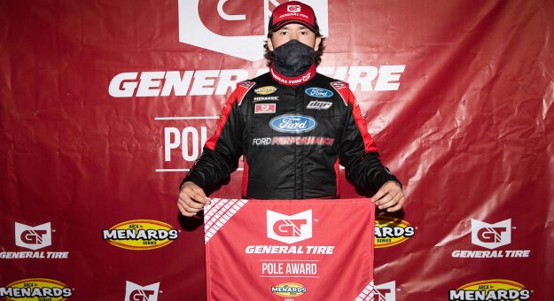 Taylor Gray, driver of the No. 17 Ford Performance Ford, celebrates winning the General Tire pole for the Jeep Beach 175 for the ARCA Menards Series East at New Smyrna Speedway in New Smyrna Beach, Florida, on Feb. 8, 2021. (Adam Glanzman/NASCAR)