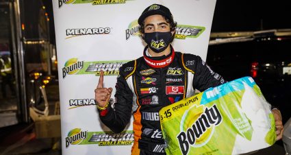 Race winner Max Gutierrez, driver of the No. 30 TOUGHBUILT Ford, celebrates winning the Bounty Rookie of the Race award in the Jeep Beach 175 for the ARCA Menards Series East at New Smyrna Speedway in New Smyrna Beach, Florida, on Feb. 8, 2020 (ARCA Racing)