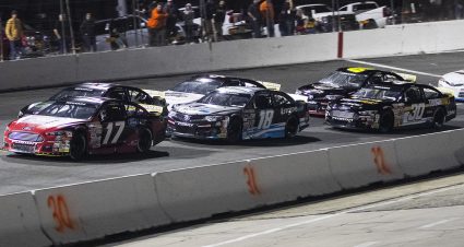 Cars prepare for a late-race restart during the Jeep Beach 175 for the ARCA Menards Series East at New Smyrna Speedway in New Smyrna Beach, Florida, on Feb. 8, 2021. (Adam Glanzman/NASCAR)