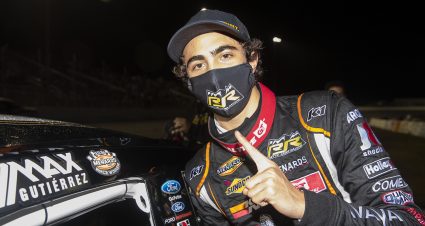 Max Gutierrez, driver of the No. 30 TOUGHBUILT Ford, celebrates winning the Jeep Beach 175 for the ARCA Menards Series East at New Smyrna Speedway in New Smyrna Beach, Florida, on Feb. 8, 2021. (Adam Glanzman/NASCAR)