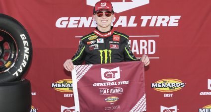 Ty Gibbs, driver of the #18 Joe Gibbs Racing Toyota, poses for a photo after winning the pole award of the last practice/qualifying of the General Tire 125 for the ARCA Menards Series East at Dover International Speedway in Dover, Delaware, on May 14, 2021. (Craig Hudson/ARCA Racing)