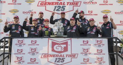 Ty Gibbs, driver of the #18 Joe Gibbs Racing Toyota, celebrates with his pit crew in Victory Lane after winning the General Tire 125 for the ARCA Menards Series East at Dover International Speedway in Dover, Delaware, on May 14, 2021. (Craig Hudson/ARCA Racing)