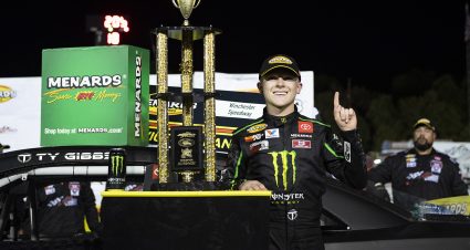 Ty Gibbs, driver of the No. 18 Joe Gibbs Racing Toyota, celebrates winning the Calypso Lemonade 200 for the ARCA Menards Series at Winchester Speedway in Winchester, Indiana on July 31, 2021. (Emilee Chinn/ARCA Racing)