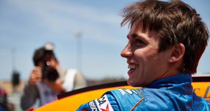 Jake Drew, driver of the #9 Sunrise Ford-Lucas Oil Ford, gets out of his car after qualifying on the pole at the General Tire 200 for the ARCA Menards Series at at Sonoma Raceway in Sonoma, California on June 5, 2021. (Matt Cohen/ARCA Racing)