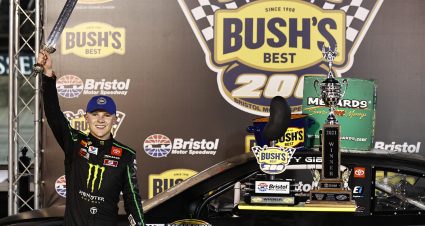 BRISTOL, TENNESSEE - SEPTEMBER 16: Ty Gibbs, driver of the #18 Joe Gibbs Racing Toyota, celebrates in victory lane after winning the ARCA Menards Series Bush's Beans 200 at Bristol Motor Speedway on September 16, 2021 in Bristol, Tennessee. (Photo by Jared C. Tilton/Getty Images) | Getty Images