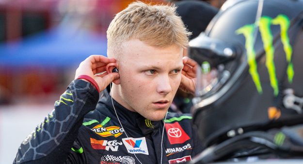 Ty Gibbs, driver of the #18 Joe Gibbs Racing Toyota, prepares right before the start of the Bush’s Beans 200 at Bristol Motor Speedway for the ARCA Menards Series in Bristol, Tennessee on September 16, 2021. (Jacob Kupferman/ARCA Racing)