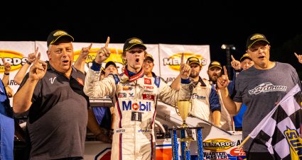 Jesse Love, driver of the #15 Mobil 1 Toyota, celebrates in victory lane after winning the Sioux Chief PowerPEX 200 presented by Scott County Tourism for the ARCA Menards Series at Salem Speedway in Salem, Indiana on October 2, 2021. (Jon Cherry/ARCA Racing)