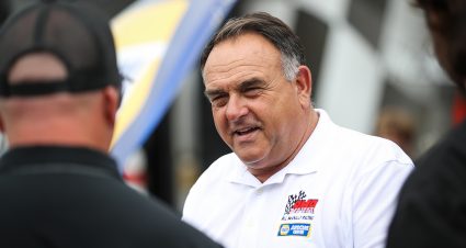 Bill McAnally talks with crew members during the NAPA Auto Parts 150 for the ARCA Menards Series West at Irwindale Speedway in Irwindale, California on August 21, 2021. (Meg Oliphant/ARCA Racing)