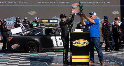 Ty Gibbs, driver of the No. 18 Monster Energy-Terrible Herbst-ORCA Toyota, celebrates after winning the Arizona Lottery 100 for the ARCA Menards Series West at Phoenix Raceway in Avondale, Arizona, on November 6, 2021. (Caitlin O'Hara/ARCA Racing)