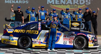Jesse Love, driver of the No. 16 NAPA Auto Parts Toyota, celebrates with his team with a portrait after winning the series during the Arizona Lottery 100 for the ARCA Menards Series West at Phoenix Raceway in Avondale, Arizona, on November 6, 2021. (Caitlin O'Hara/ARCA Racing)