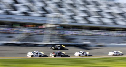Cars race during ARCA Testing at Daytona International Speedway on January 14, 2022 in Daytona Beach, Florida. (Photo by James Gilbert/NASCAR)
