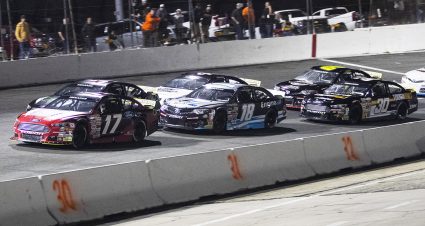 Cars race during the Jeep Beach 175 for the ARCA Menards Series East at New Smyrna Speedway in New Smyrna, Florida on February 8, 2021. Photo by Adam Glanzman/NASCAR