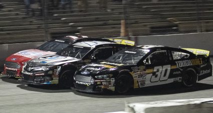 Max Gutierrez, driver of the #30 Tough Built Ford, owls ahead in the final stretch to win the Jeep Beach 175 for the ARCA Menards Series East at New Smyrna Speedway in New Smyrna, Florida on February 8, 2021. Photo by Adam Glanzman/NASCAR