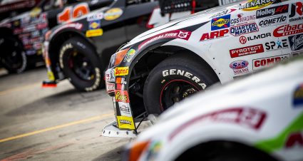 Cars line up before the Race to Stop Suicide 200 presented by Place of Hope for the ARCA Menards Series East during of the World Series of Asphalt Stock Car Racing event at New Smyrna Speedway in New Smyrna, Florida on February 15, 2022. (Adam Glanzman/NASCAR)