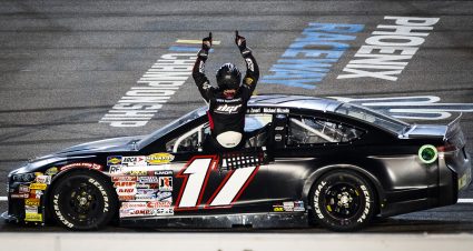 Taylor Gray celebrates after winning the General Tire 150 for the ARCA Menards Series and ARCA Menards Series West at Phoenix Raceway in Avondale, Arizona, on March 11, 2022. (Adam Glanzman/ARCA Racing)