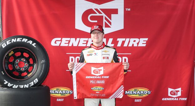 Leland Honeyman Jr., driver of the LH Waterfront Construction Chevrolet earned the General Tires Pole Award, qualifying first for the Pensacola 200 for the ARCA Menards Series East in Pensacola, Florida on March 19, 2022. (Morgan Givens/ARCA Racing)