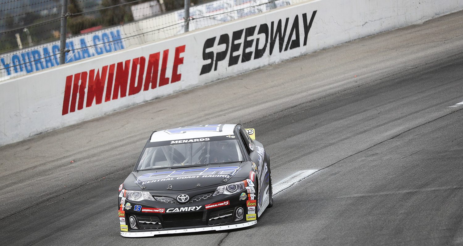 Todd Souza, driver of the #13 Central Coast Cabinets Ford, drives qualifying laps during the NAPA Auto Parts 150 for the ARCA Menards Series West at Irwindale Speedway in Irwindale, California on August 21, 2021. (Meg Oliphant/ARCA Racing)