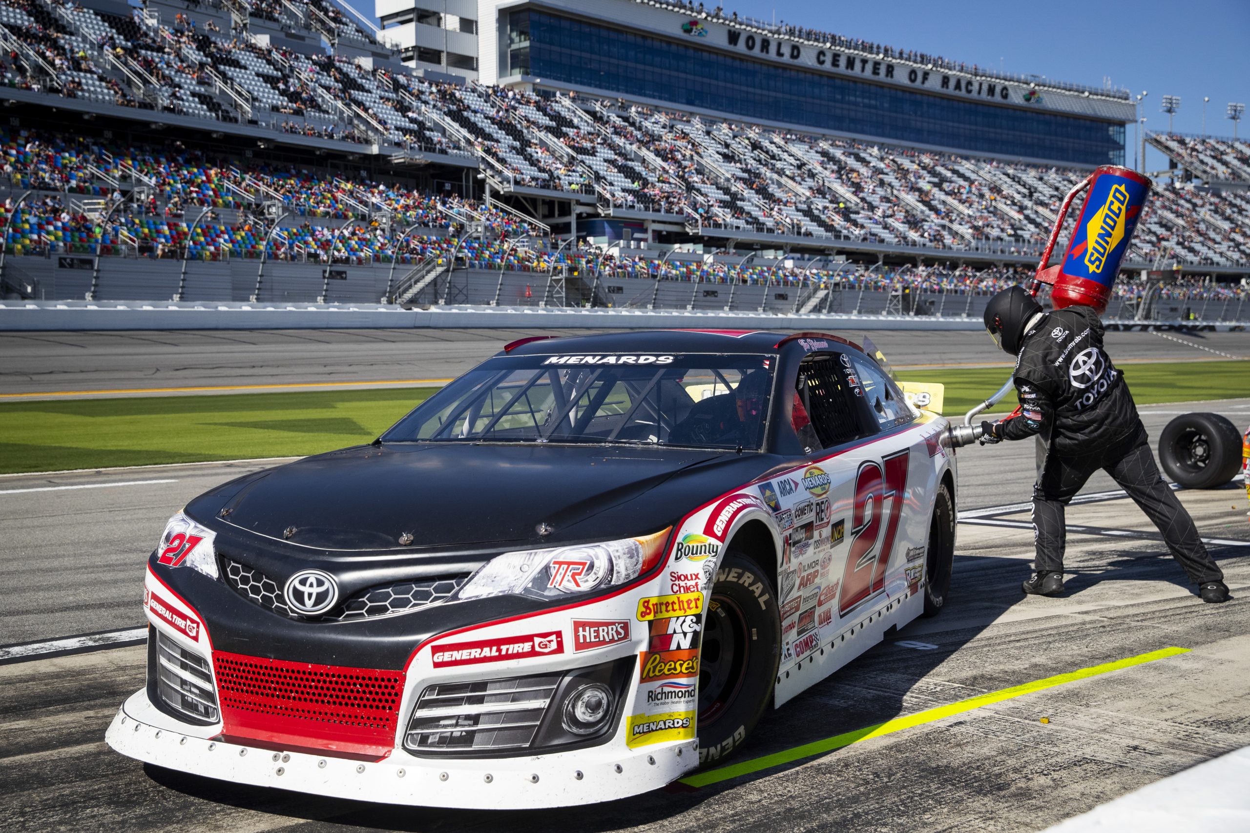 Tim Richmond, driver of the #27 Immigration Law Center Toyota, pits during the Lucas Oil 200 Driven by General Tire for the ARCA Menards Series at Daytona International Speedway in Daytona Beach, Florida on February 19, 2021. (Adam Glanzman/NASCAR)