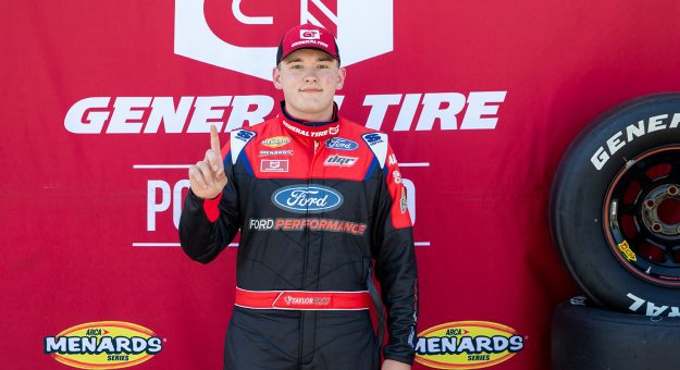 Taylor Gray celebrates winning the Pole award during the General Tire 125 for the ARCA Menards Series East at Dover International Speedway in Dover, Delaware, on April 29, 2022. (Amanda Rhoades/ARCA Racing)