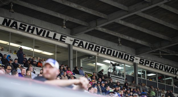 Fans watch the North-South Super Late Model Challenge 100 before the Crosley Record Pressing 200 for the ARCA Menards Series East at Nashville Fairgrounds Speedway in Nashville, Tennessee, on May 8, 2021. (Silas Walker/ARCA Racing)