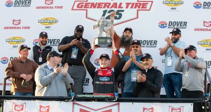 Taylor Gray celebrates winning  the General Tire 125 for the ARCA Menards Series East at Dover International Speedway in Dover, Delaware, on April 29, 2022. (Amanda Rhoades/ARCA Racing)