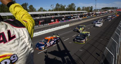 The cars line up at the start of the Portland 112 for the ARCA Menards Series West at Portland International Raceway in Portland, Oregon on September 11, 2021. (Alisha Jucevic/ARCA Racing)
