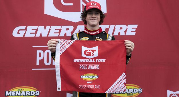 Daniel Dye, driver of the #43 Deland Motorsports & Outdoors, poses for the pole award after practice for the Portland 100 for the ARCA Menards Series West at Portland International Raceway in Portland, Oregon on June 4, 2022. (Brian Hayes/ARCA Racing)
