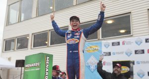 Jake Drew, driver of the #6 Irwindale Speedway-Stilo USA-Molecule, celebrates his victory in the Portland 100 for the ARCA Menards Series West at Portland International Raceway in Portland, Oregon on June 4, 2022. (Brian Hayes/ARCA Racing)