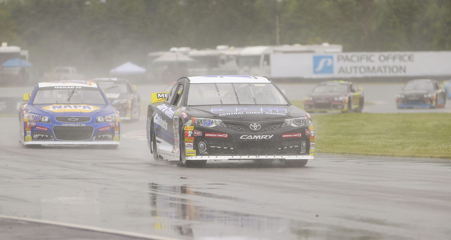 Cars drive through turn eight during a caution during the Portland 100 for the ARCA Menards Series West at Portland International Raceway in Portland, Oregon on June 4, 2022. (Brian Hayes/ARCA Racing)