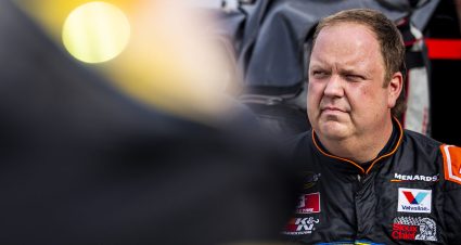Willie Mullins, driver of the #11 Crow Wing Recycling Toyota, before the Race to Stop Suicide 200 presented by Place of Hope for the ARCA Menards Series East during of the World Series of Asphalt Stock Car Racing event at New Smyrna Speedway in New Smyrna, Florida on February 15, 2022. (Adam Glanzman/NASCAR)