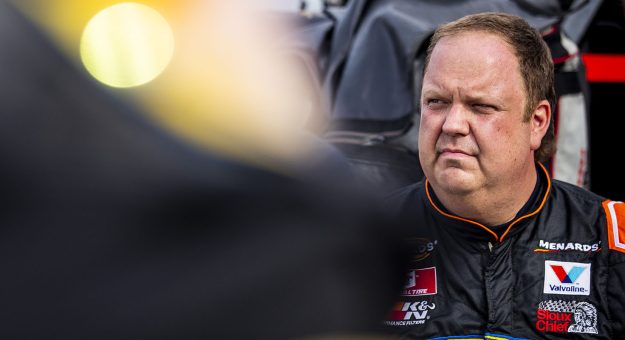 Willie Mullins, driver of the #11 Crow Wing Recycling Toyota, before the Race to Stop Suicide 200 presented by Place of Hope for the ARCA Menards Series East during of the World Series of Asphalt Stock Car Racing event at New Smyrna Speedway in New Smyrna, Florida on February 15, 2022. (Adam Glanzman/NASCAR)