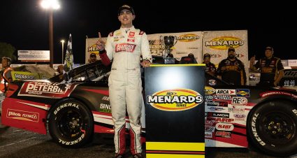 Sammy Smith, driver of the #18 Allstate Peterbilt Group Toyota celebrates the win after the finish at during the Menards 250 for the ARCA Menards Series at Elko Speedway in Elko New Market, Minnesota on June 25, 2022. (Matt Krohn/ARCA Racing)