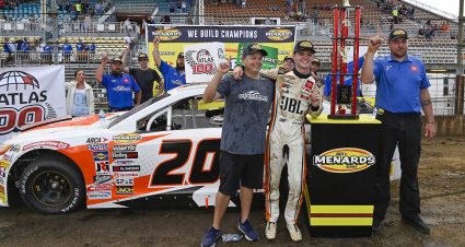 Jesse Love, driver of the #20 JBL Toyota, celebrates in victory lane after winning the Atlas 100 for the ARCA Menards Series at the Illinois State Fairgrounds in Springfield, Illinois on August 21, 2022. (Jeff Curry/ARCA Racing)
