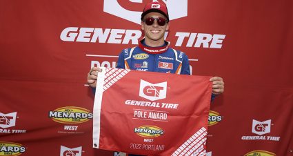 Jake Drew, driver of the #6 Sunrise Racing-Ford Performance-Molecule, poses for the pole award before the Portland 100 for the ARCA Menards Series West at Portland International Raceway in Portland, Oregon on September 3, 2022. (Brian Hayes/ARCA Racing)