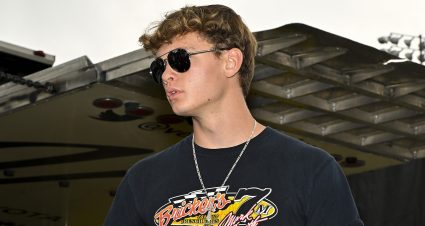 Jesse Love, driver of the #20 VMS Toyota, looks on before the Rust-Oleum Automotive Finishes 100 for the ARCA Menards Series at the DuQuoin State Fairgrounds in DuQuoin, Illinois on September 4, 2022. (Jeff Curry/ARCA Racing)