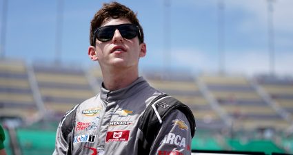 Nick Sanchez, driver of the #2 MaxnSiegel Inc-Special Smiles Chevrolet, waits for the start of the Dutch Boy 150 for the ARCA Menards Series at Kansas Speedway on May 14, 2022 in Kansas City, Kansas. (Ed Zurga/ARCA Racing)