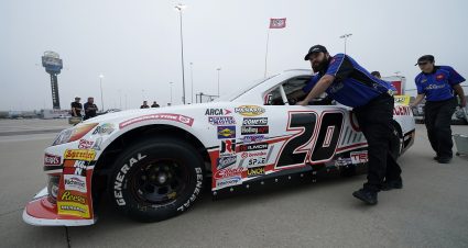 Crew members for Corey Heim, driver of the #20 Crescent Tools Toyota push his car to inspection prior to the Kansas 150 for the ARCA Menards Series at Kansas Speedway in Kansas City, Kansas on September 10, 2022. (Ed Zurga/ARCA Racing)