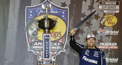 BRISTOL, TENNESSEE - SEPTEMBER 17: Chris Buescher, driver of the #17 Fastenal Ford, celebrates in victory lane after winning the NASCAR Cup Series Bass Pro Shops Night Race at Bristol Motor Speedway on September 17, 2022 in Bristol, Tennessee. (Photo by Sean Gardner/Getty Images) | Getty Images