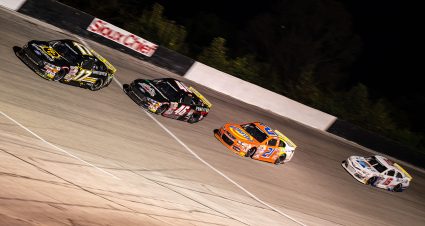 Taylor Gray, driver of the #17 Ripper Coffee Ford, JP Bergeron, driver of the #46 Technoflex Ford, Kody Swanson, driver of the #21 GMS Chevrolet, and Jesse Love, driver of the #15 Mobil 1 Toyota, during the Sioux Chief PowerPEX 200 presented by Scott County Tourism for the ARCA Menards Series at Salem Speedway in Salem, Indiana on October 2, 2021. (Jon Cherry/ARCA Racing)