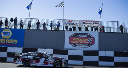 Jolynn Wilkinson, driver of the #1 Instacoat Premium Products Toyota, exits the track during qualifiers at the NAPA AutoCare 150 presented by Berco Redwood for the ARCA Menards Series West at All American Speedway in Roseville, California on October 9, 2021. (Nina Riggio/ARCA Racing)