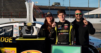 Nick Sanchez, driver of the #2 Gainbridge-Max Siegel Inc Chevrolet, celebrates in victory lane after winning the Shore Lunch 200 for the ARCA Menards Series at Toledo Speedway in Toledo, Ohio on October 8, 2022. (Luke Hales/ARCA Racing)