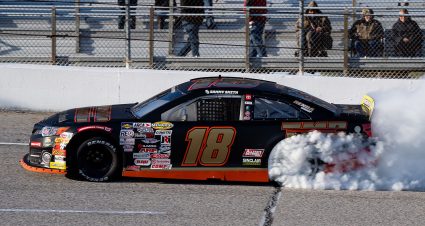 Sammy Smith, driver of the #18 TMC Toyota, celebrates with a burnout after winning the Shore Lunch 200 for the ARCA Menards Series at Toledo Speedway in Toledo, Ohio on October 8, 2022. (Luke Hales/ARCA Racing)
